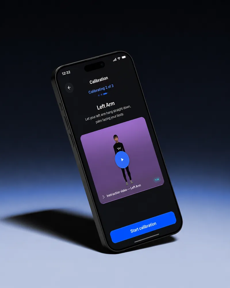 Coach app guiding a calibration pose on a phone