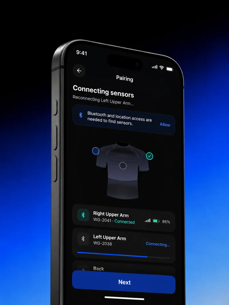 App pairing screen connecting the workwear sensors
